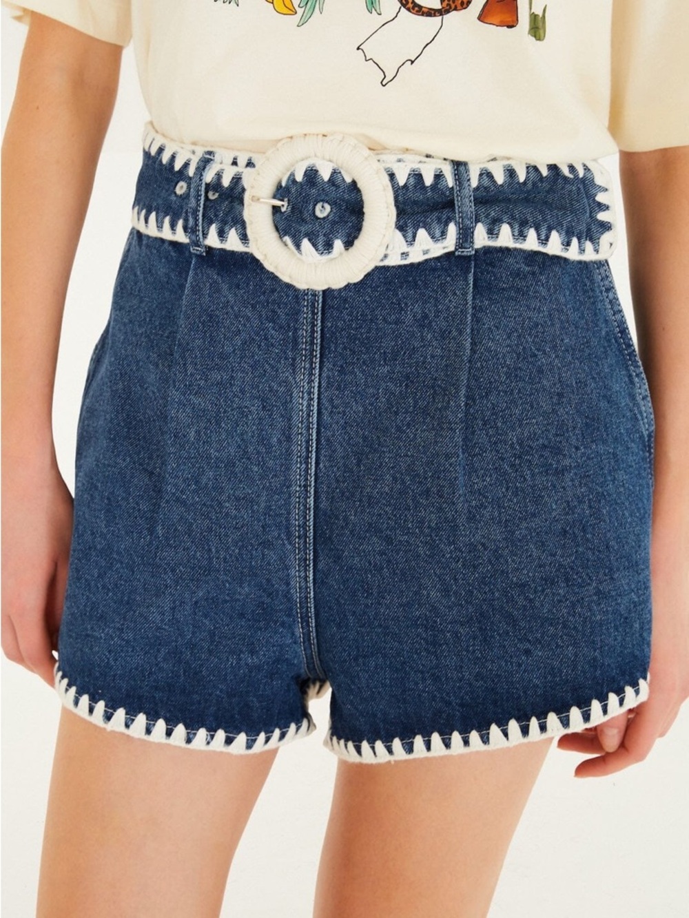 FARM RIO Denim Crochet Embroidery Belted Shorts - Picture 2 of 3